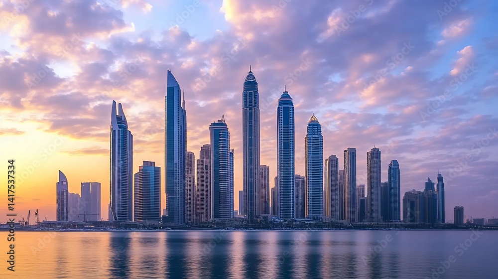 Obraz premium Majestic Dubai Skyline at Sunset Reflecting on Tranquil Waterscape View