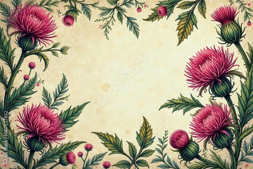 Distressed Scottish thistle paisley print with muted colors and subtle texture, paisley, scottish