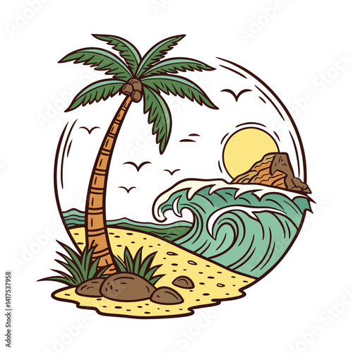 Scenic Tropical Island with Palm Trees and Lighthouse Illustration , Beach Logo , T Shirt Design .