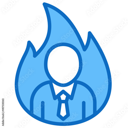Sacrifice Blue Fill, Employee in fire. Overworked and stressed at work.
