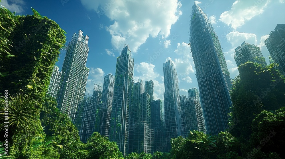 Obraz premium Lush green trees surround a futuristic cityscape of towering, pixelated structures under a bright, sunny sky.