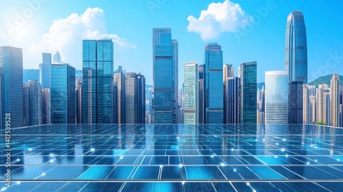 Modern city skyline viewed from a rooftop with a futuristic digital interface overlay.