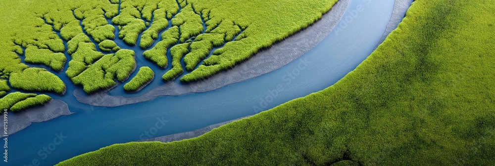 Obraz premium This stunning aerial view depicts a meandering river flowing through vibrant green marshes, showcasing nature’s beauty and ecological diversity in a captivating landscape.