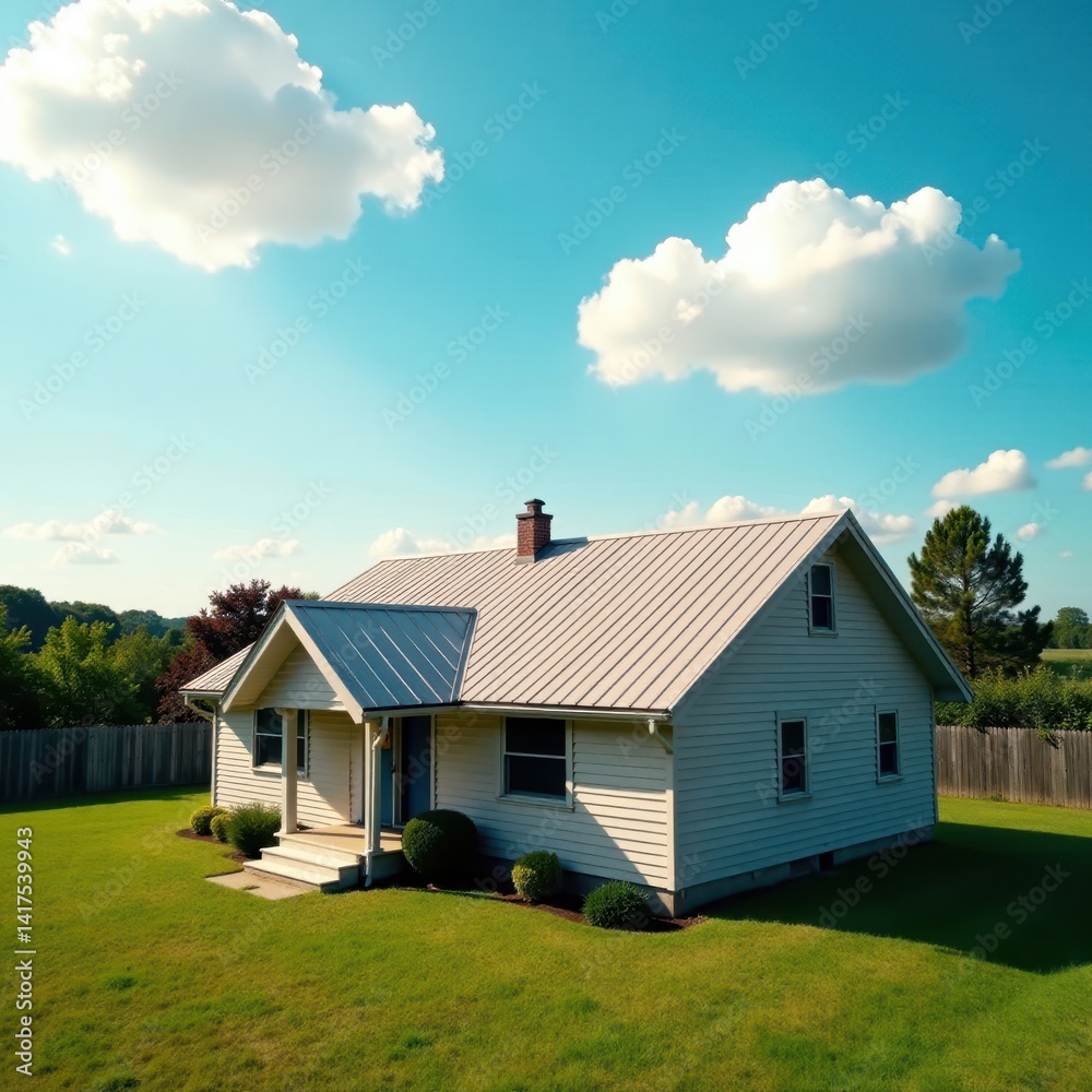 Drone capturing high-angle shot of a single-story house with metal roof under clear blue sky and fluffy white clouds, roof, building Drone capturing high-angle shot of a single-story house with metal roof under clear blue sky and fluffy white clouds, roof, building