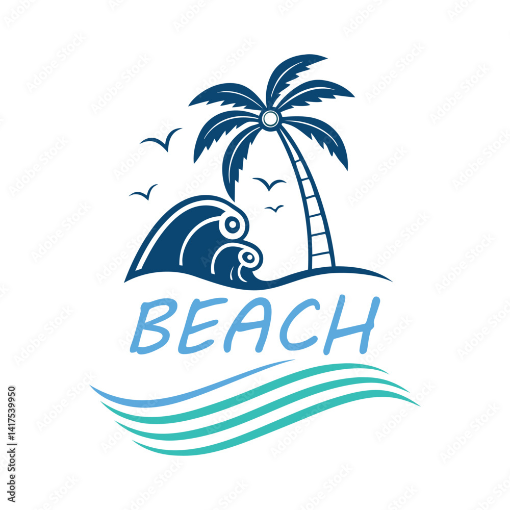 Naklejka premium Scenic Tropical Island with Palm Trees and Lighthouse Illustration , Beach Logo , T Shirt Design .