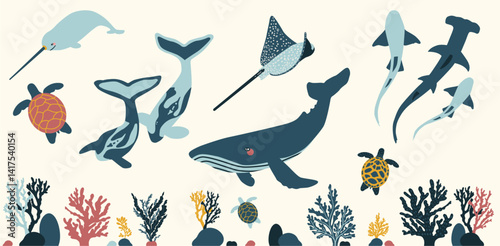 Vector Sea Animals Clipart – Whale, Shark, Turtle, Narwhal, Manta Ray, Orca, Hammerhead, Coral Reef, Ocean Creatures, Underwater Marine Life Illustration Set