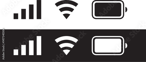 iPhone iOS Notification Bar Icons – Black and White Vector Set of Mobile UI Elements Including WiFi Signal, Battery, Time, and Status Symbols, User Interface Illustration