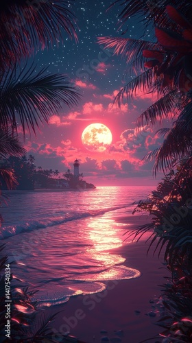 Romantic Moonlight Serenade: Coastal Lighthouse Under the Crimson Sky