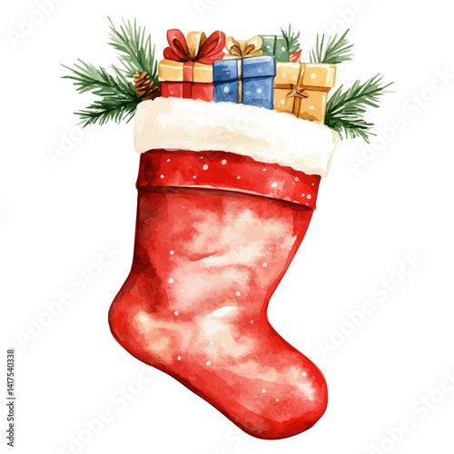watercolor of Red Christmas Stocking With Gifts, vector, isolated on a white background.