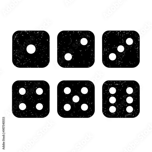 Monochrome set of six vector icons illustrating dice showing the numbers one through six. Features a textured, distressed, or grunge style. Represents chance, games, gambling, and a classic graphic el