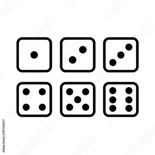 Minimalist black and white set of six vector icons illustrating dice showing the numbers one through six. Represents chance, games, gambling, and a clean, simple graphic element.