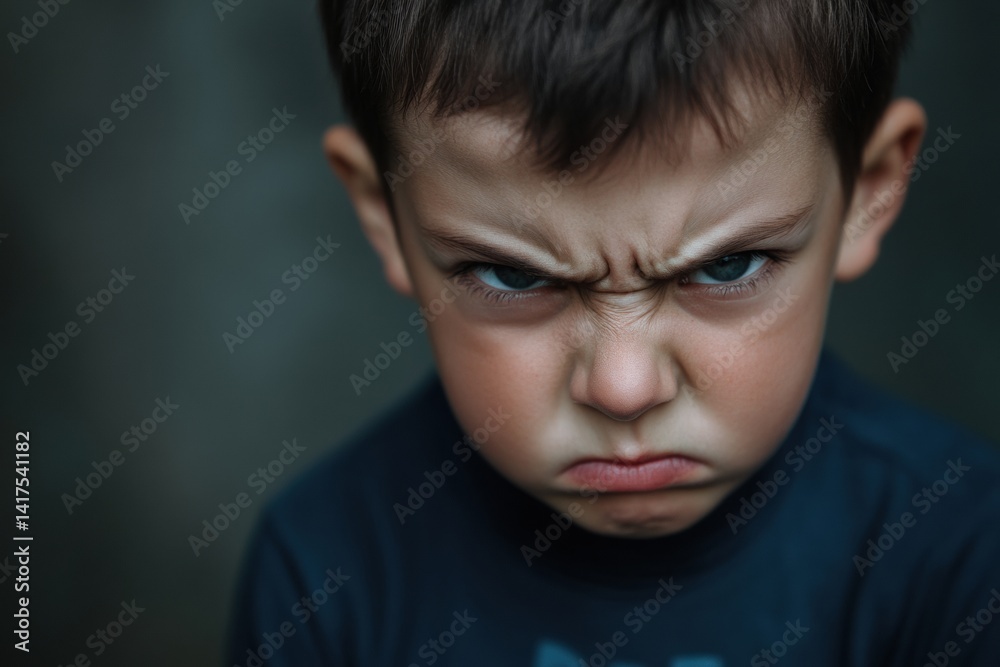 Angry caucasian male child with intense expression in dark shirt Angry caucasian male child with intense expression in dark shirt