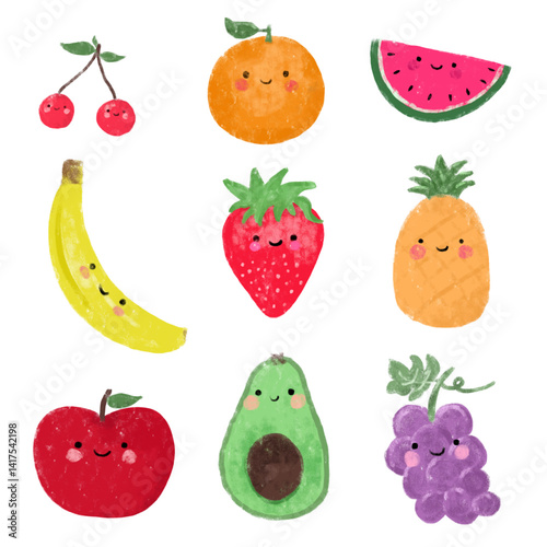 set kawaii cute healthy fruits doodle kids crayon watercolour illustration diet vegan vegetarian happy face smile nursery wall art design clipart element png transparent collections