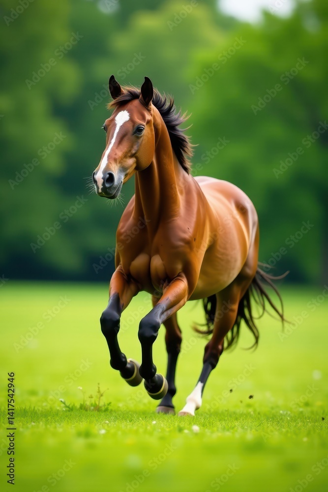 Obraz premium Elegant horse running freely in the green meadow, green meadows, horses