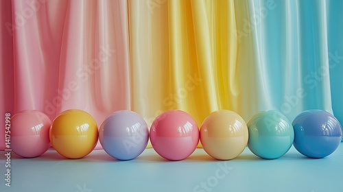 Soft pastel balls in playful colors pop against an abstract backdrop, ideal for product photography. 