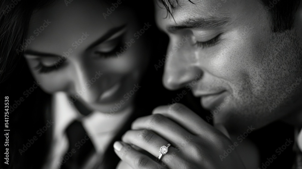 Fototapeta premium close up of newly engaged couple looking at the ring