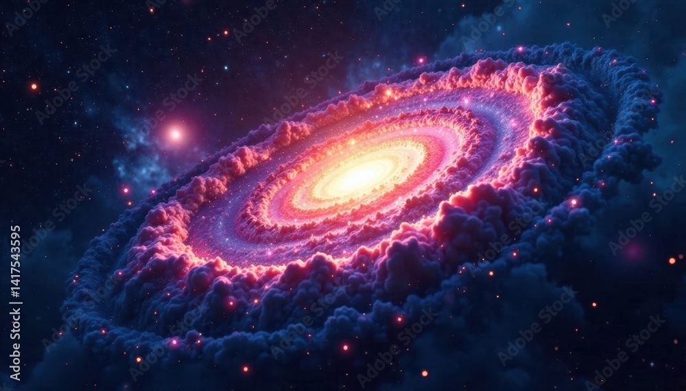 Fototapeta premium Elegant spiral arms of a young galaxy coalescing from a vast, turbulent cloud , interstellar medium, astronomy