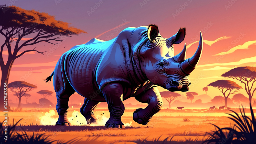 Fototapeta premium Charging rhinoceros illuminated in a vibrant savannah