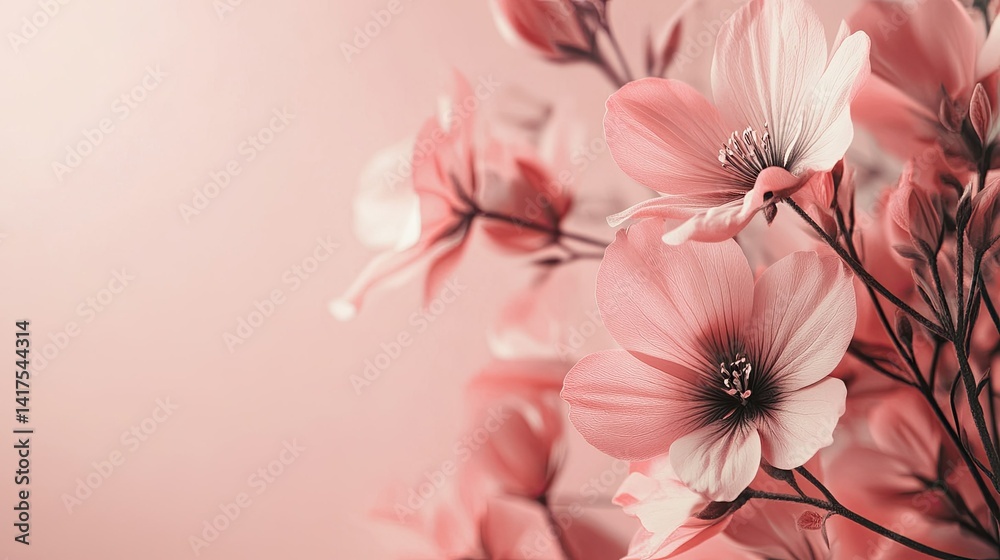 Soft pink floral backdrop with minimalist silhouettes, providing blank space for retro designs. -