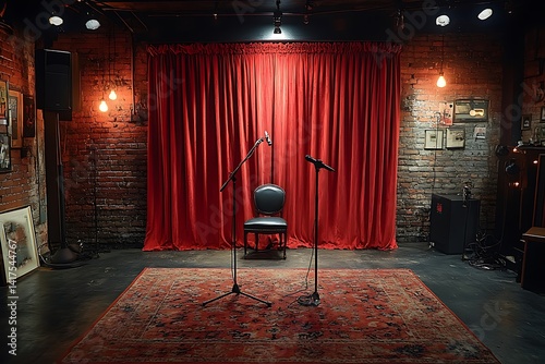 Vintage Stage Setup With Red Curtains Microphones And Empty Chair