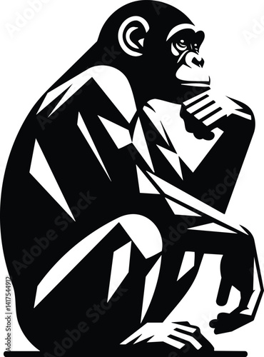 Thoughtful Bonobo Silhouette in Seated Pose with Geometric Accents