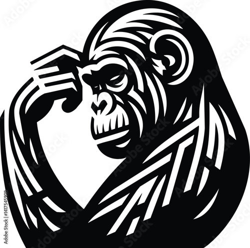 Chimpanzee in Thoughtful Pose with Geometric Fur Texture