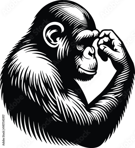 Chimpanzee thoughtfully scratching head silhouette