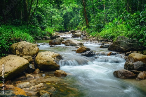 A flowing river cascades over rocks within a green forest
