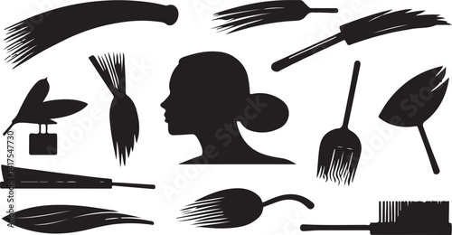 This image features a set of simple, black and white icons representing various gardening and cleaning tools.