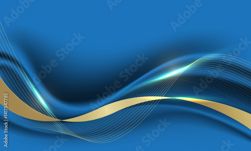 Abstract gold black ribbon curve overlap on blue luxury background vector