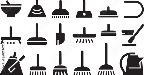 This image features a set of simple, black and white icons representing various gardening and cleaning tools.