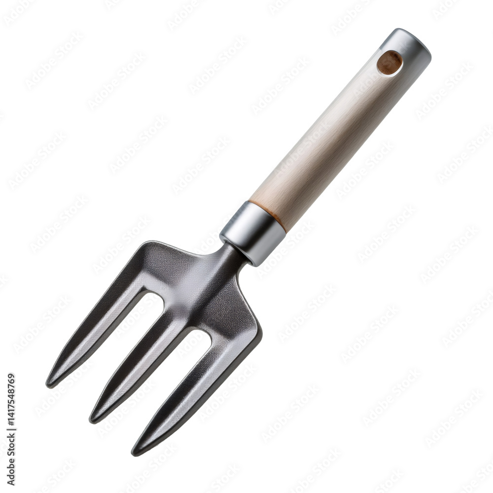 Metal garden fork with wooden handle floating on a transparent background, ideal for gardening and planting activities Metal garden fork with wooden handle floating on a transparent background, ideal for gardening and planting activities