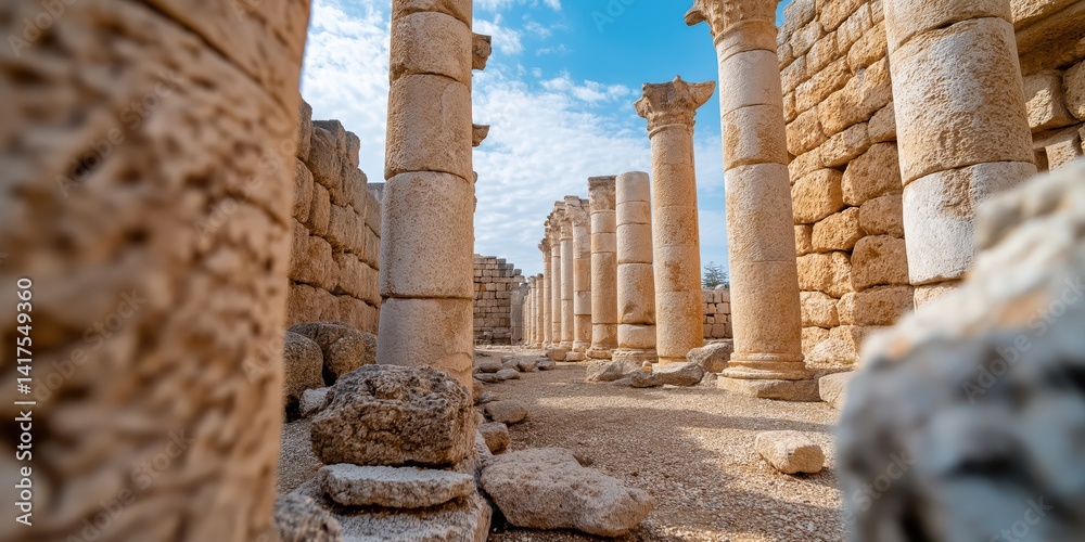 A captivating view of ancient ruins featuring towering stone columns, evoking a sense of history and mystery while exploring the remnants of past civilizations. A captivating view of ancient ruins featuring towering stone columns, evoking a sense of history and mystery while exploring the remnants of past civilizations.