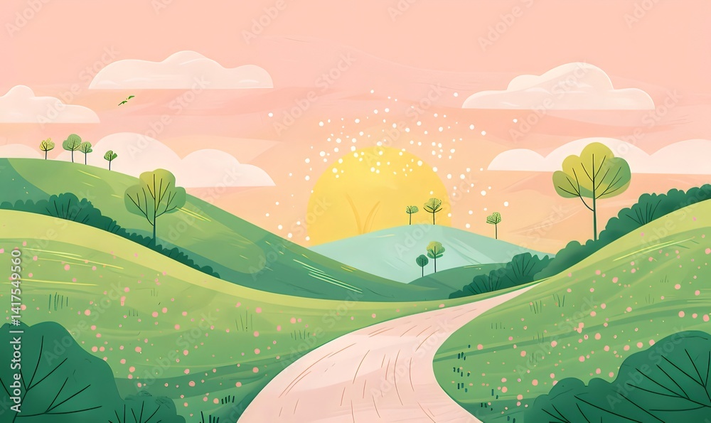 ピクセルアートの風景 丘の上の道とピンクの空と太陽 自然の背景 美しいイラスト ピクセルアートの風景 丘の上の道とピンクの空と太陽 自然の背景 美しいイラスト