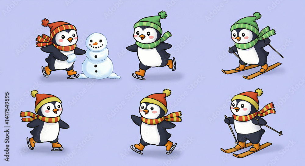 Naklejka premium Penguin Winter Activities Cartoon with Ice Skating and Snowman