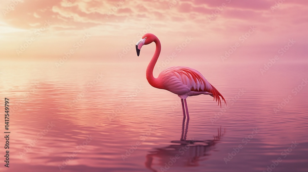 Fototapeta premium Pink Flamingo Serenity: A Calm Bird Reflecting in Gentle Waters at Sunrise