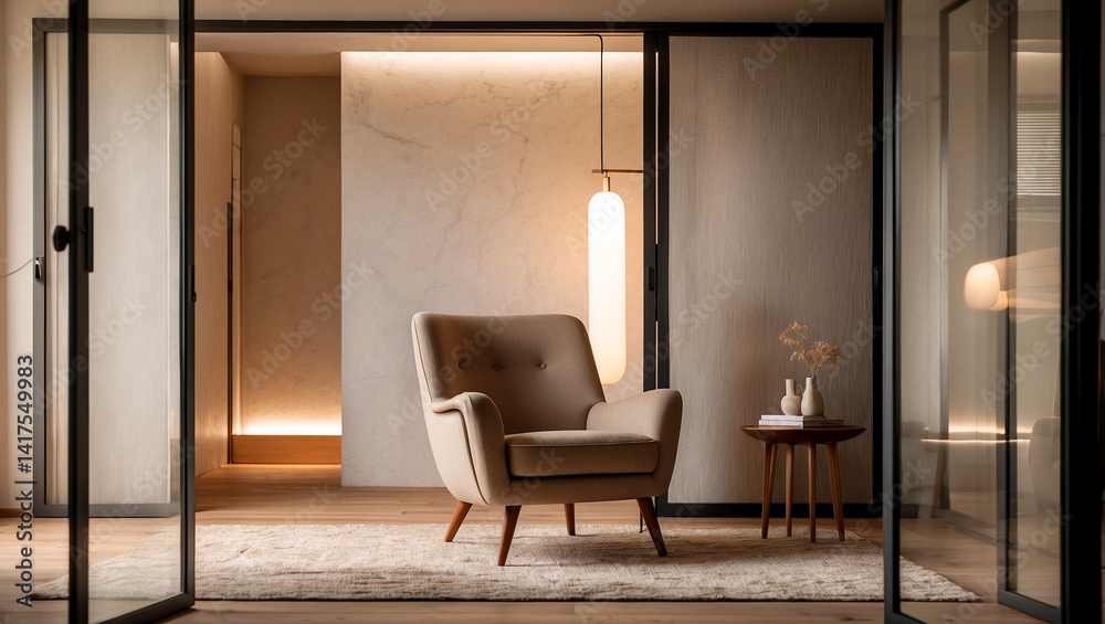 Cozy minimalist living space with soft lighting Cozy minimalist living space with soft lighting