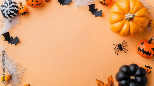 A Halloween themed background with a spider and pumpkins