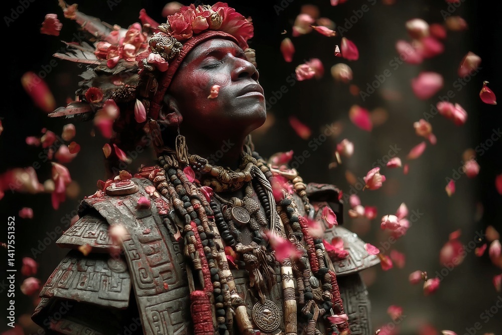 Fototapeta premium Xipe Totec adorned with flayed skin and ornaments standing amid falling petals