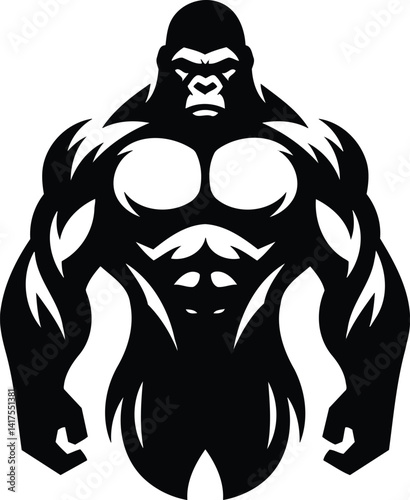 Powerful gorilla standing upright with chest beating in silhouette