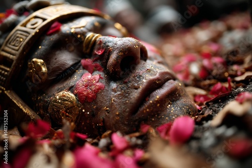 Xipe Totec adorned with golden ornaments and flayed skin in ritualistic pose amid petals photo