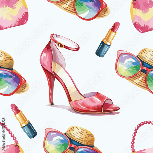 Fashion items heels, sunglass, dress, lipstick, hat, purse, makeup brush, ornaments ,Seamless pattern watercolor illustration