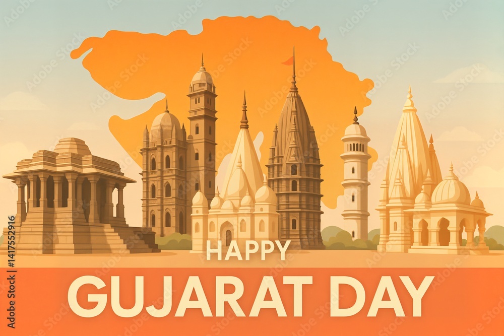 Obraz premium Happy gujarat day poster design with iconic monuments.
