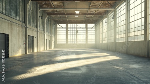 Spacious, sun-drenched industrial warehouse interior.