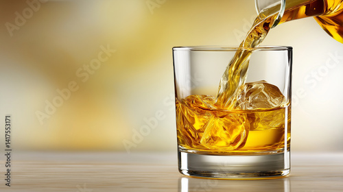 Pouring whiskey over ice in a glass with inviting light photo