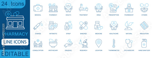 Pharmacy line icons set including medicine, drug, prescription, pharmacist, healthcare, treatment, medical tools. Editable vector for health, pharmacy, and medical use.