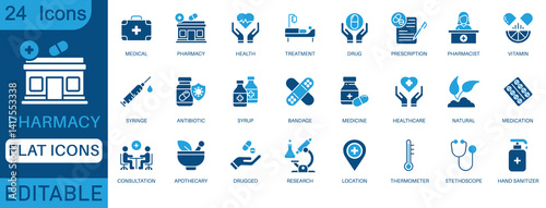 Pharmacy flat icons set with medical, healthcare, drug, prescription, antibiotic, pharmacist, stethoscope, treatment tools. Editable vector for health, clinic, and medicine design.