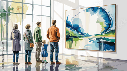 visitors in painting exhibition, watercolor illustration