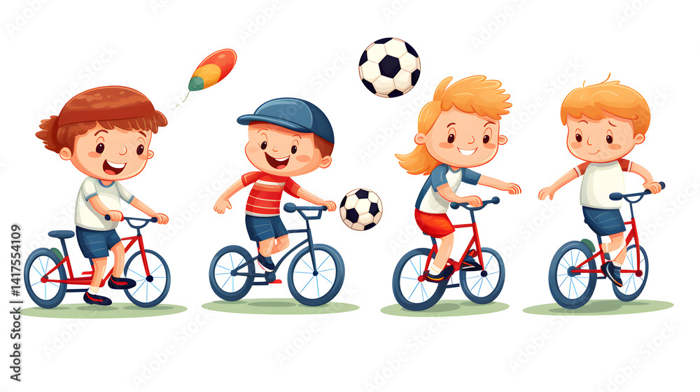 Children engaging in outdoor activities with football and bicycle in vector illustration Children engaging in outdoor activities with football and bicycle in vector illustration