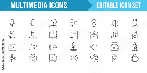 Icon set for multimedia control: sound, music, and video symbols